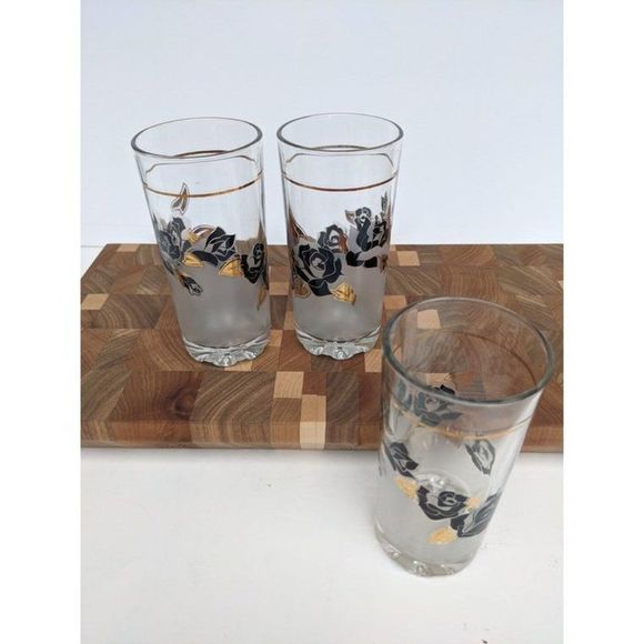 Vintage cocktail glass Black and Gold roses barware, Japanese Glassware set - Picture 2 of 7